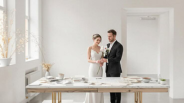Elegant wedding ceremony with bride holding a flower and groom waiting, set in a bright, minimalist.