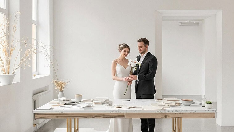 Elegant wedding ceremony with bride holding a flower and groom waiting, set in a bright, minimalist.