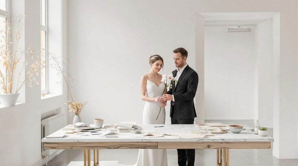 Elegant wedding ceremony with bride holding a flower and groom waiting, set in a bright, minimalist.