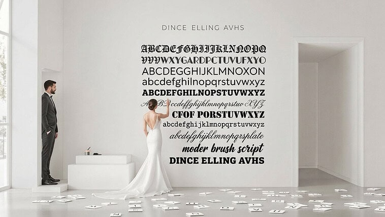 Elegant wedding calligraphy with bride and groom in modern minimalist setting.