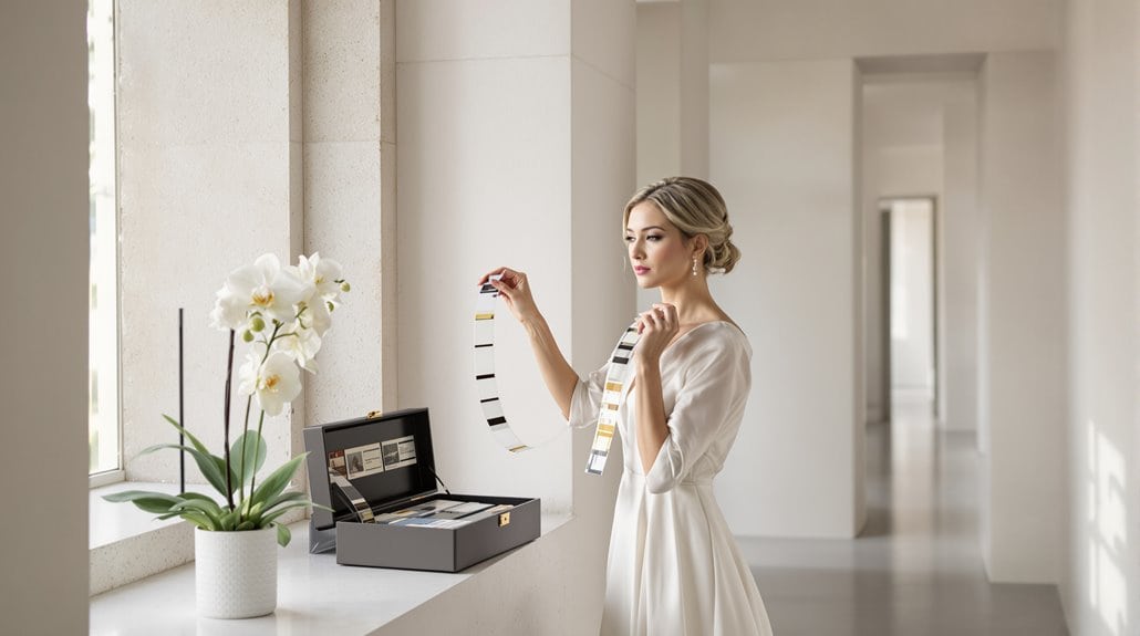 Bride selecting wedding color palette in bright, modern venue.