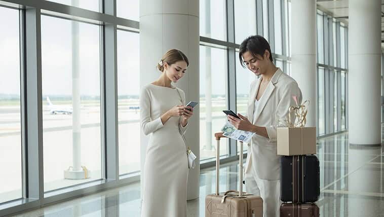 Elegant wedding couple checking their phones at airport terminal with luggage.