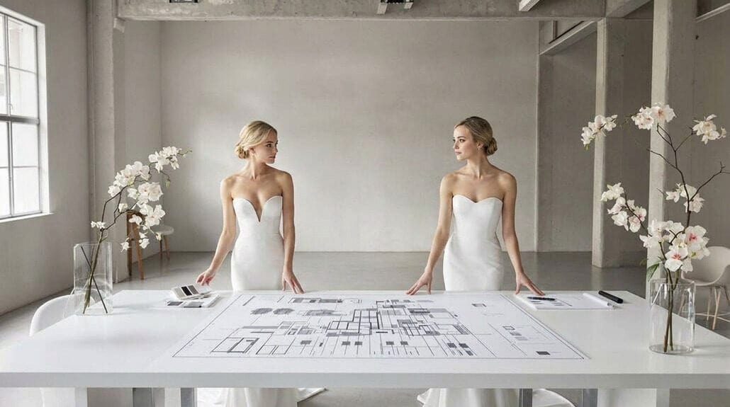 Two brides planning wedding with blueprints and floral decor.