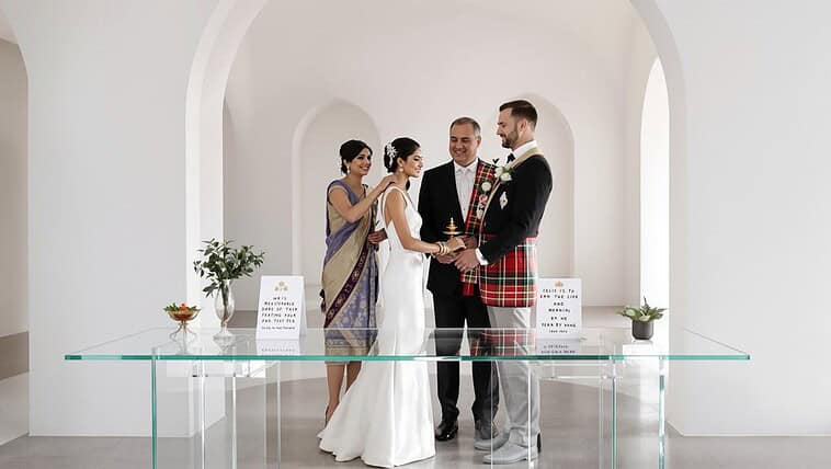 Elegant wedding, couple exchanging vows, modern minimalist wedding ceremony.
