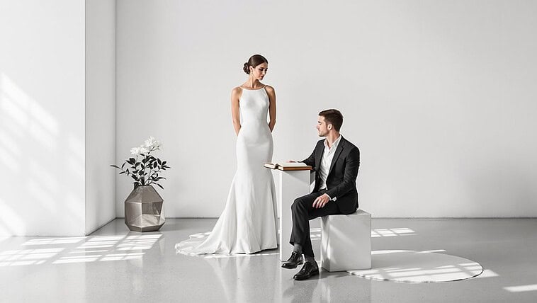 Bride and groom during wedding proposal in minimalist setting.