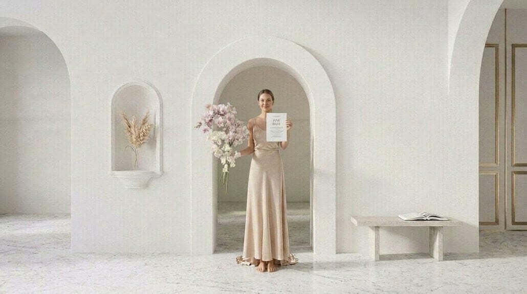 Bride holding wedding invitation with floral decor in elegant setting.