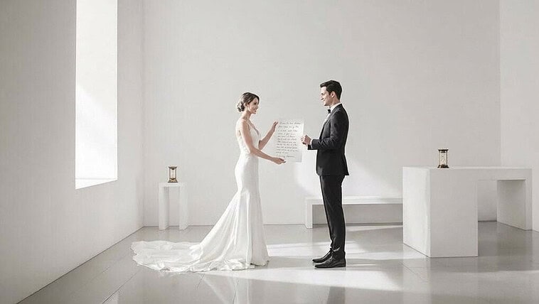 Bride and groom exchanging vows in a minimalist, white wedding setting.