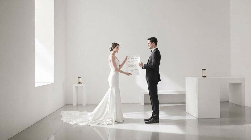 Bride and groom exchanging vows in a minimalist, white wedding setting.