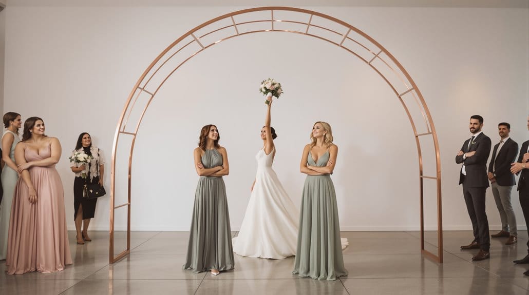Bride throws bouquet during wedding ceremony.
