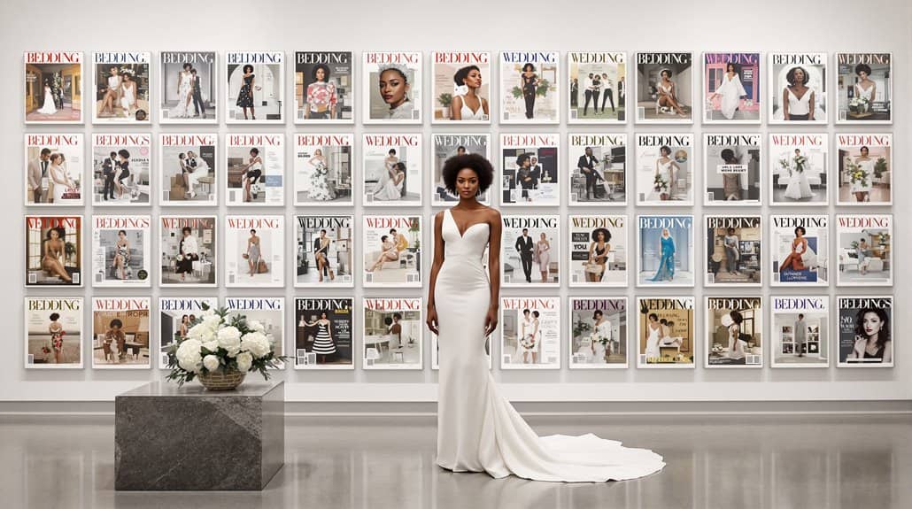 Elegant wedding dress on a model at a bridal fashion exhibition.