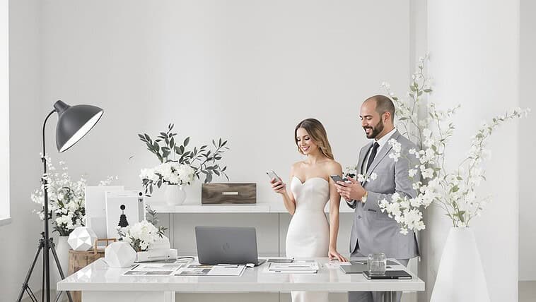 Modern wedding planning scene with bride and groom using smartphones in a bright, stylish office.