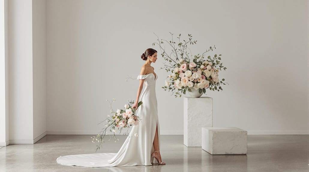 Bride in elegant wedding dress with floral bouquet and large flower arrangement.
