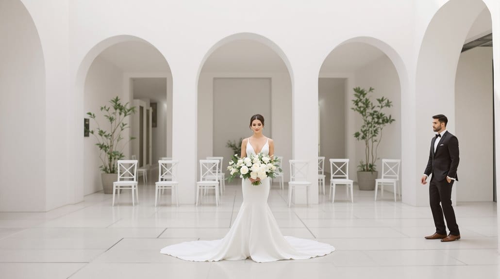 Bride holding bouquet in modern white wedding venue with arches.