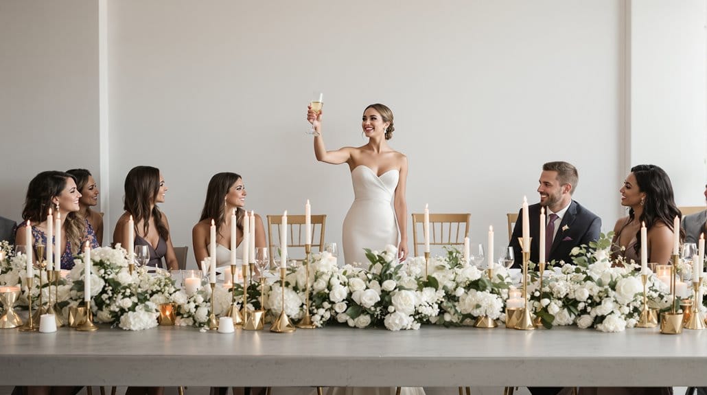 Bride giving a toast at her wedding reception with friends and family.