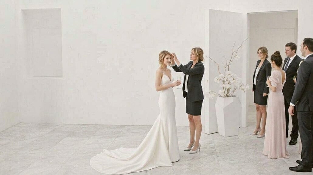 Bride and guests at elegant wedding reception in a modern, minimalist venue.