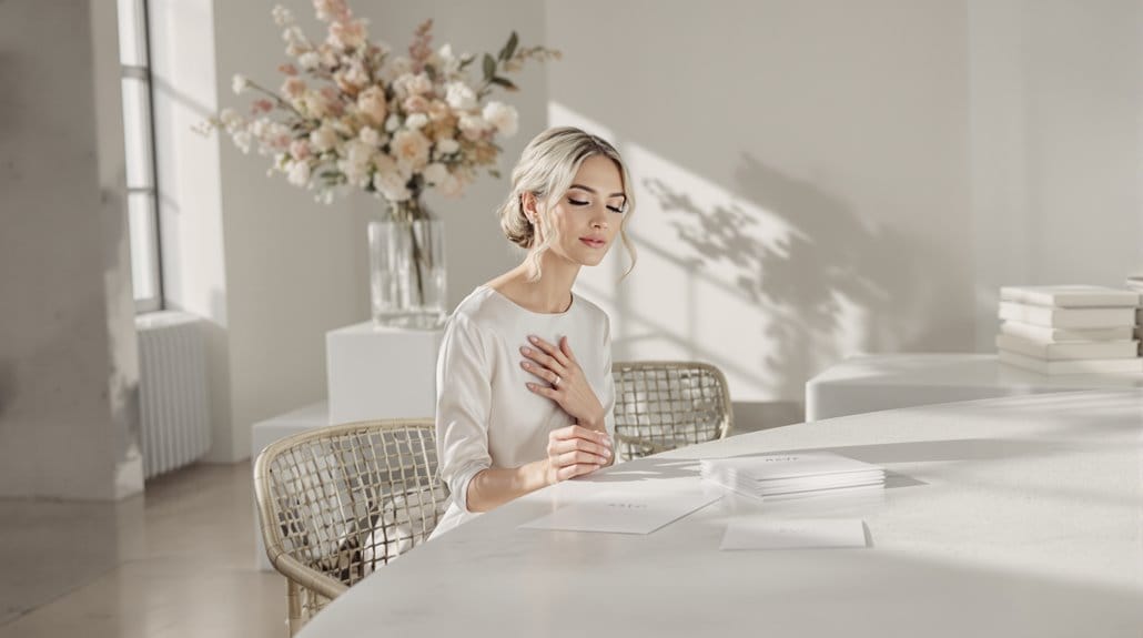 Elegant bride with a serene expression in a modern wedding setting.
