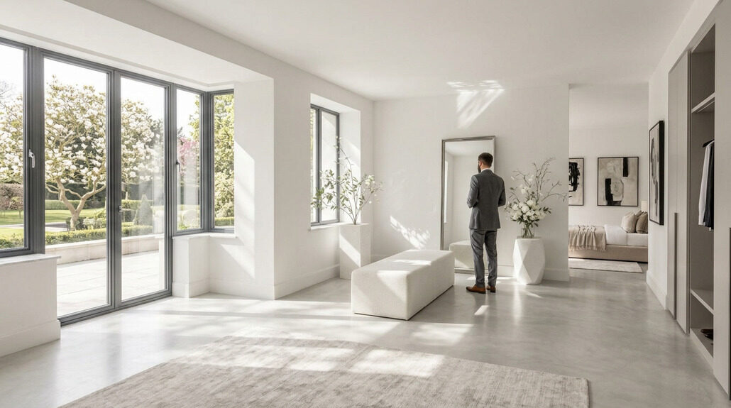 Elegant wedding reflection in a modern, bright room with large windows and stylish decor.