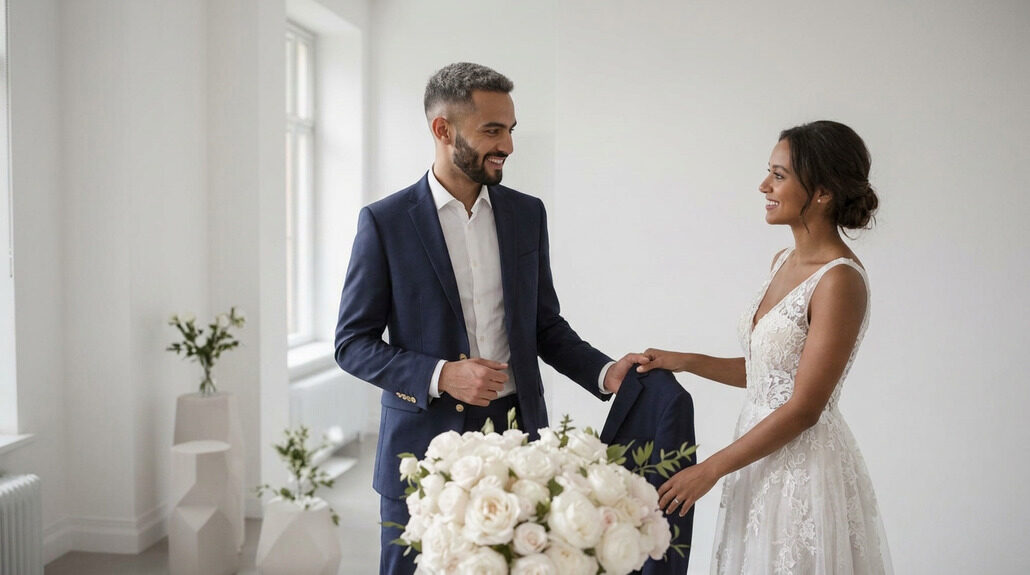 Groom choosing a wedding suit in a bright, modern boutique.