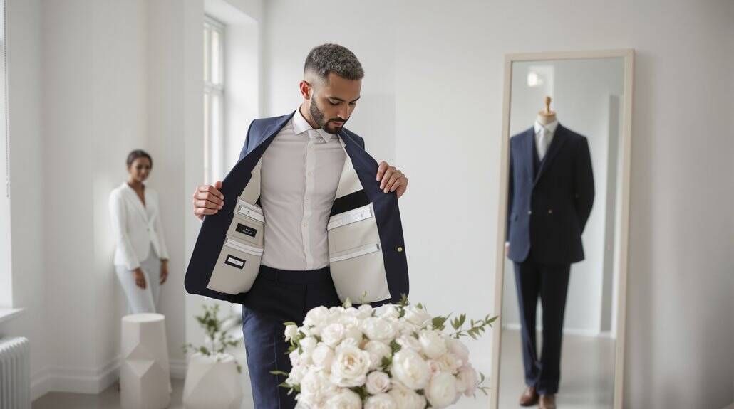 Groom choosing a wedding suit in a bright, modern boutique.
