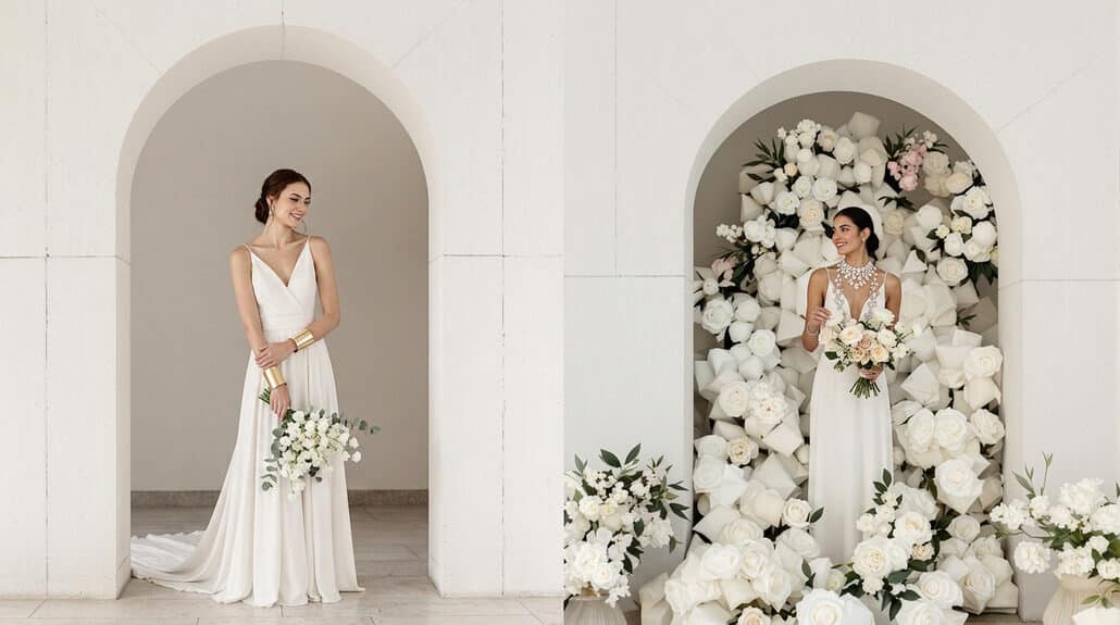 Elegant wedding bride in a white gown with floral backdrop.
