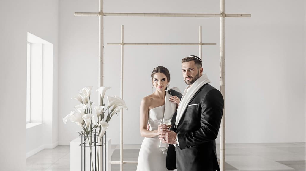 Elegant wedding couple in modern minimalist setting with white flowers.