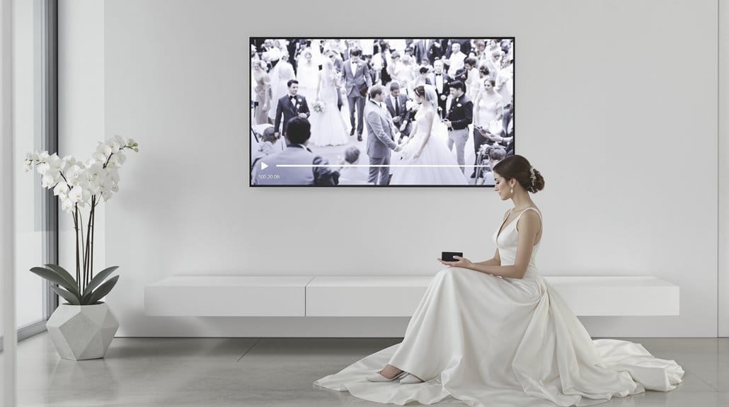 Bride watching wedding video on TV in modern living room.