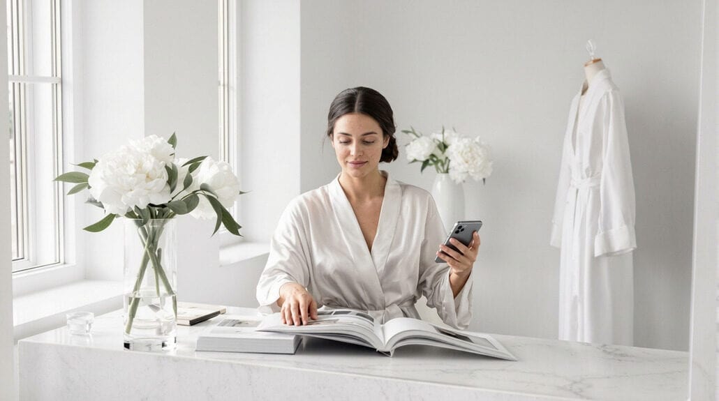 Bride reviewing wedding plans at a modern office desk with flowers and wedding dress.