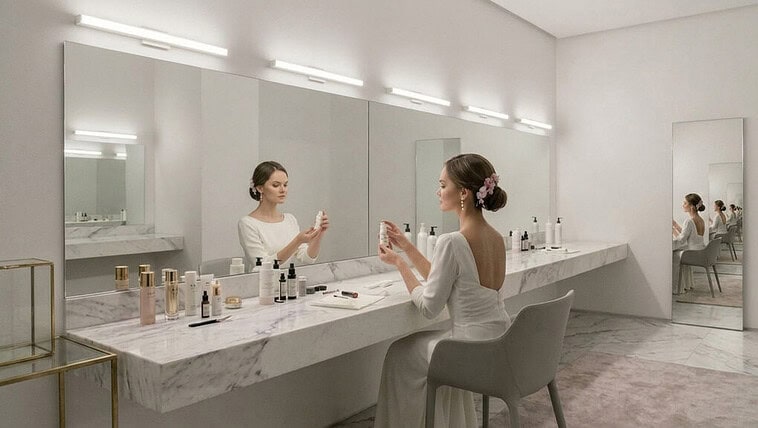 Bride applying makeup in a modern bathroom with a large illuminated mirror.