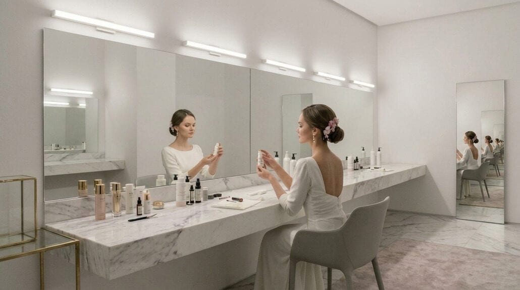 Bride applying makeup in a modern bathroom with a large illuminated mirror.