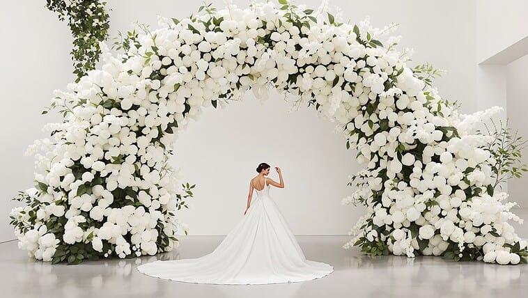 Beautiful white floral wedding arch with a bride in a white gown.