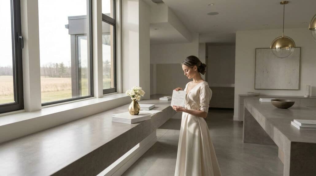 Bridal woman reading wedding invitation in a modern, elegant setting.