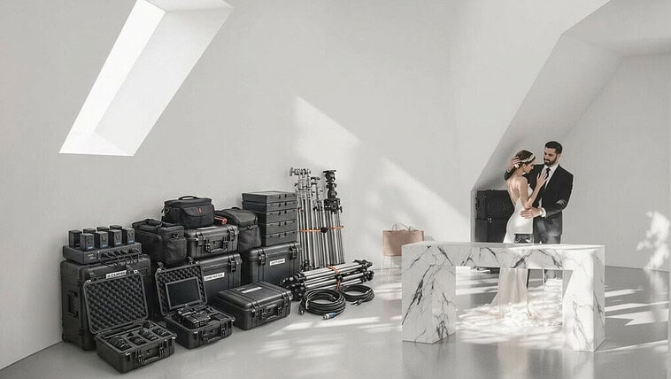 Bride and groom exchanging vows in a sleek, minimalist wedding venue with natural light.