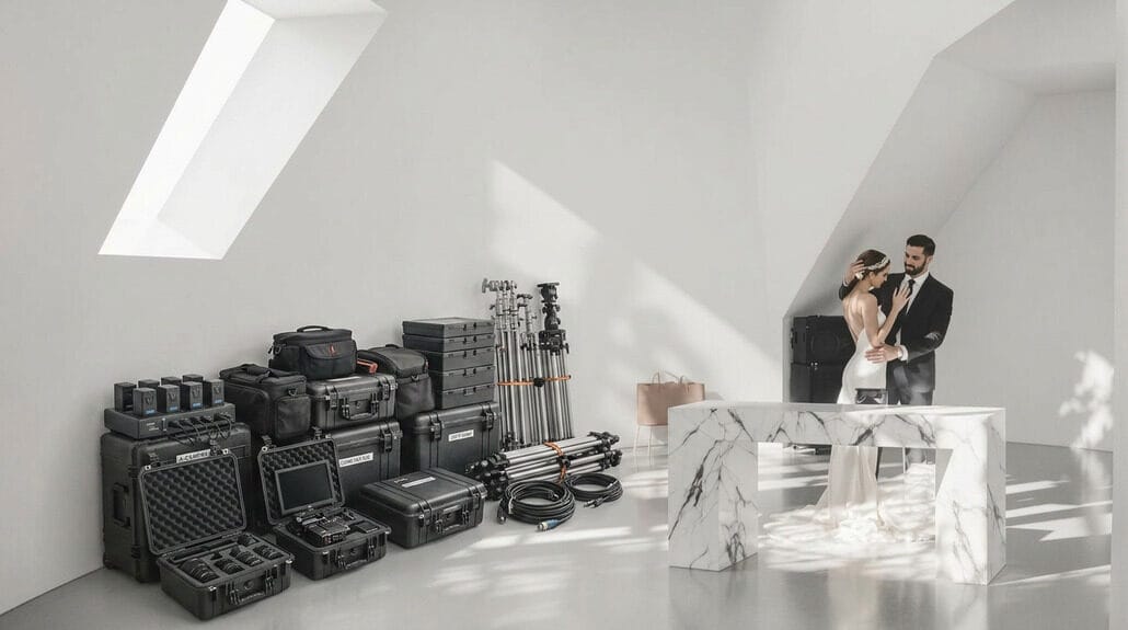 Bride and groom exchanging vows in a sleek, minimalist wedding venue with natural light.