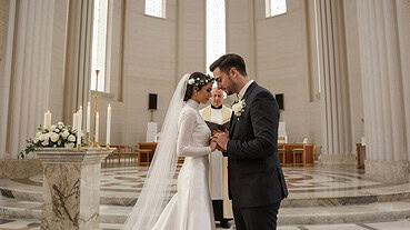 Beautiful bride and groom exchanging vows in a church setting.