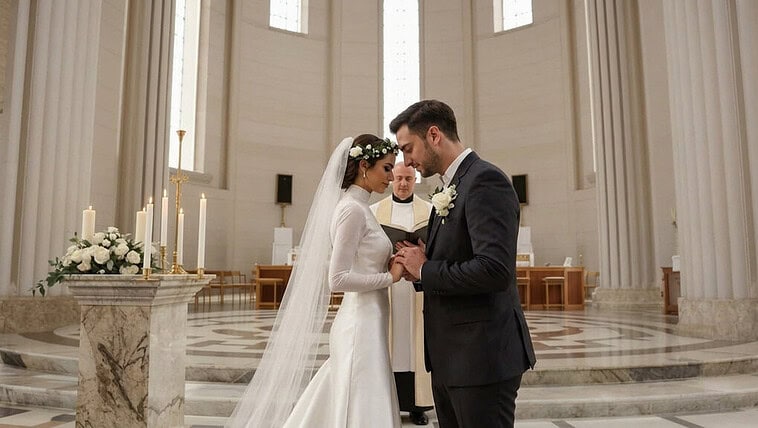 Beautiful bride and groom exchanging vows in a church setting.