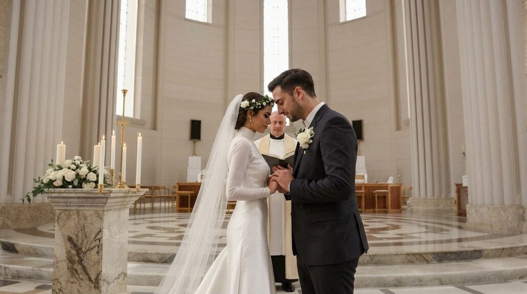 Beautiful bride and groom exchanging vows in a church setting.