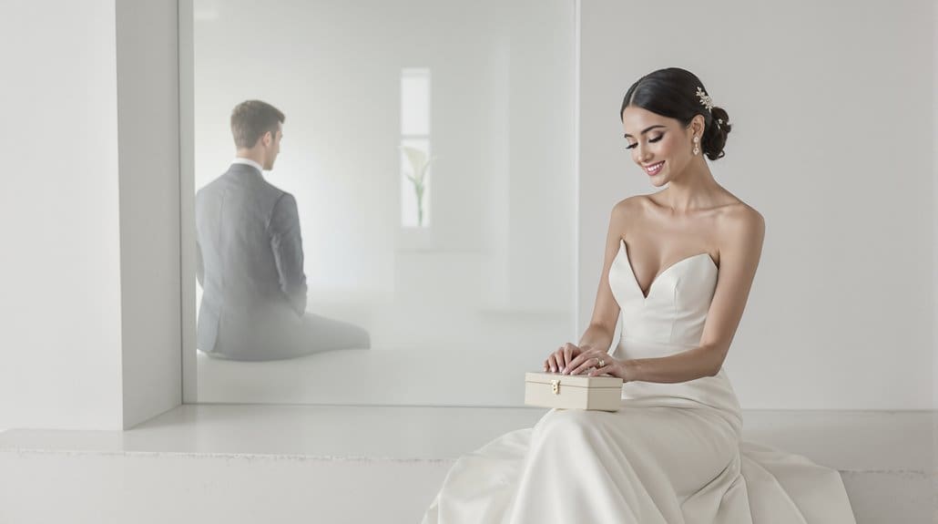 Bride smiling in wedding dress, groom in suit in background.