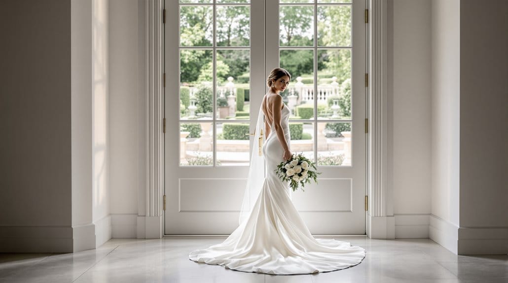 Bride in elegant wedding dress holding bouquet by large window.