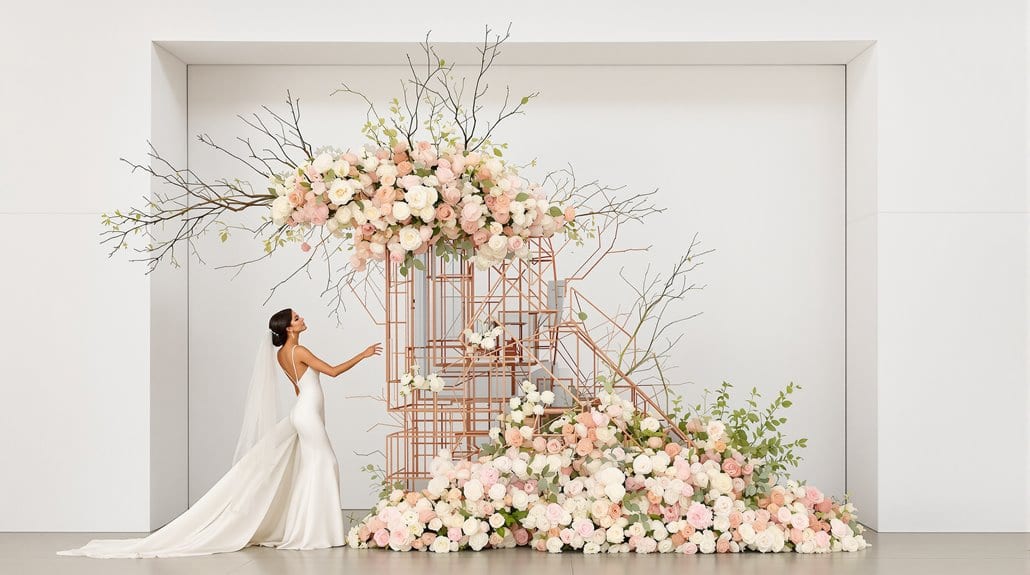 Elegant wedding floral display with pink roses and branches for a romantic ceremony.