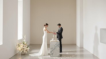 Bride and groom exchanging vows during a modern wedding ceremony.