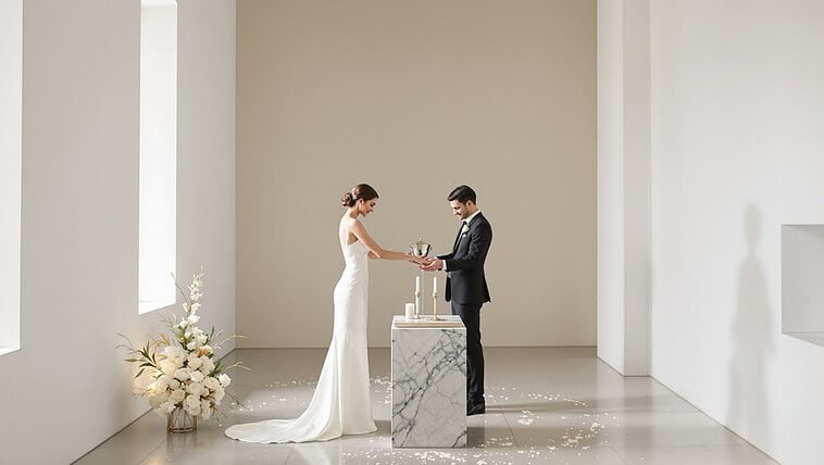 Bride and groom exchanging vows during a modern wedding ceremony.