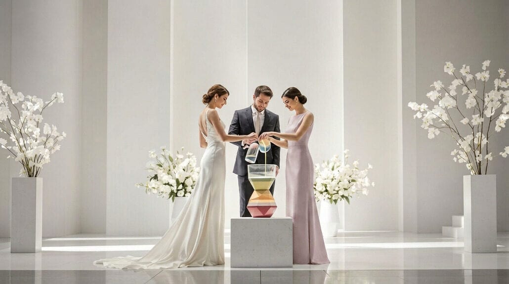 Bride and groom exchanging vows during elegant wedding ceremony.