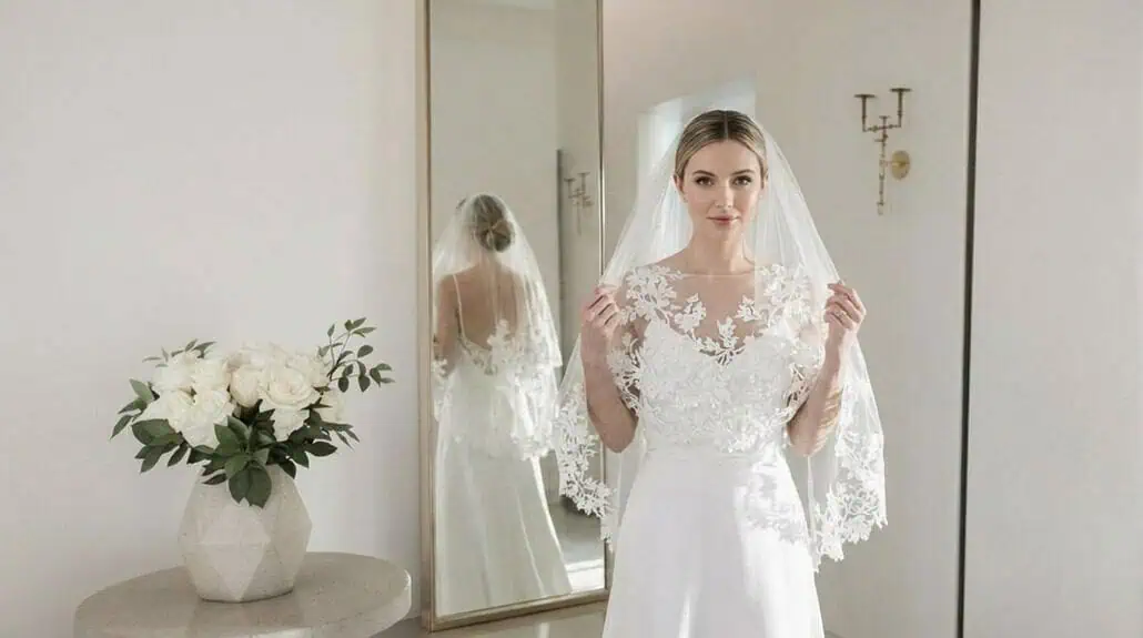 Bride in wedding dress looking at her reflection in a mirror with veil and lace details.