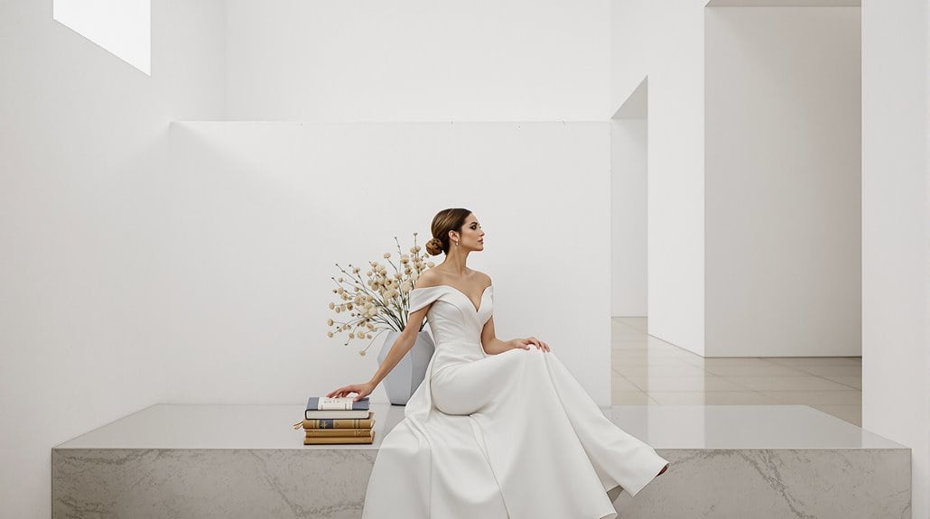 Elegant wedding bride sitting on a marble bench in a modern, minimalist setting with white walls.