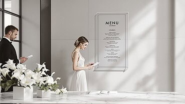 Elegant wedding couple reading menu at reception with floral decor.