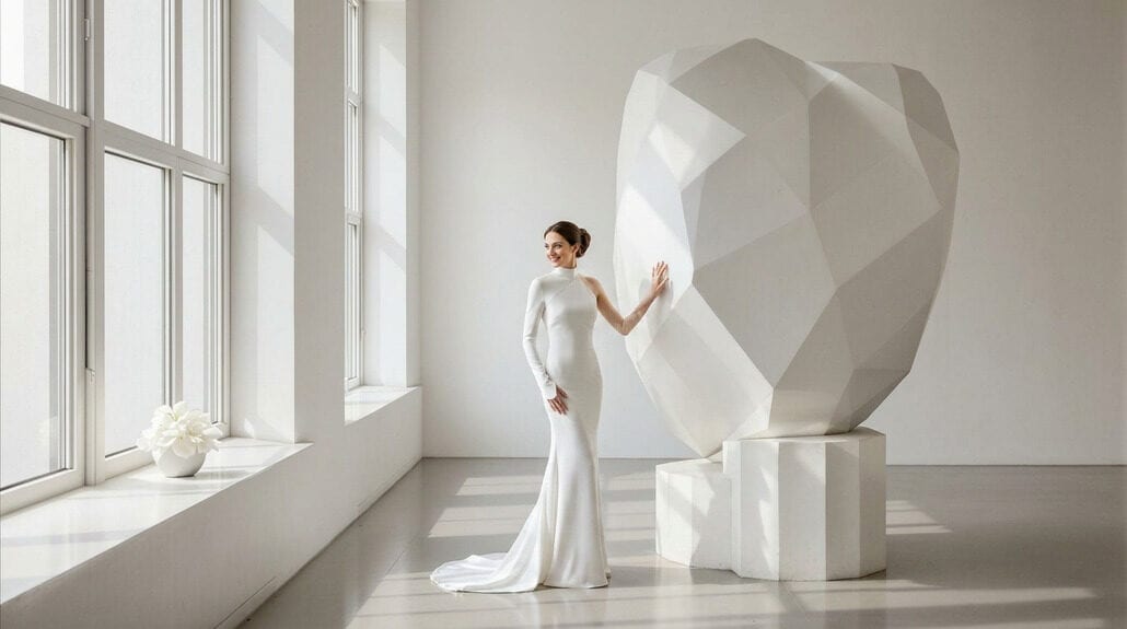 Elegant wedding dress with modern art sculpture backdrop.