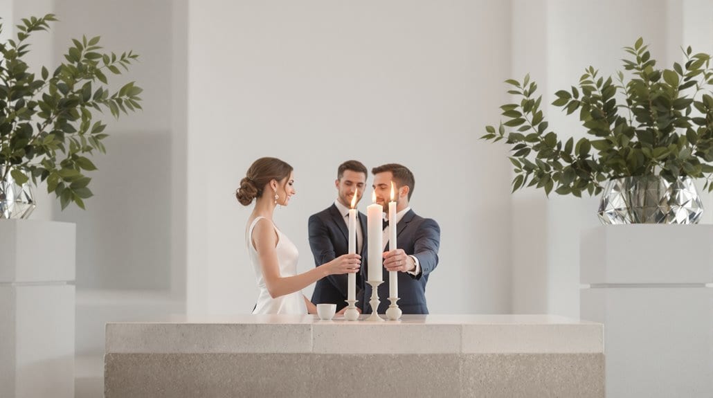 Bride and groom exchanging vows with officiant during wedding ceremony.