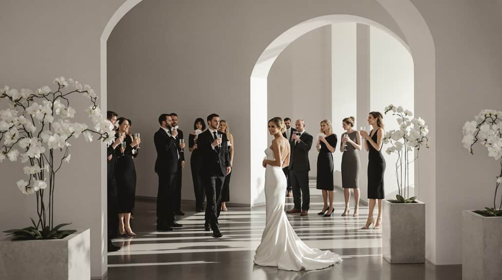 Elegant wedding ceremony with bride and groom in a modern, minimalist venue. Stylish guests and flor.