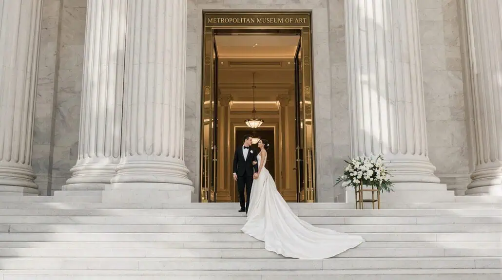 Bride and groom standing at museum entrance with grand columns and floral arrangements.