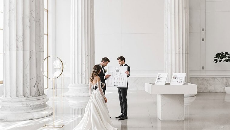 Bride and groom signing marriage documents in a modern, elegant wedding venue.